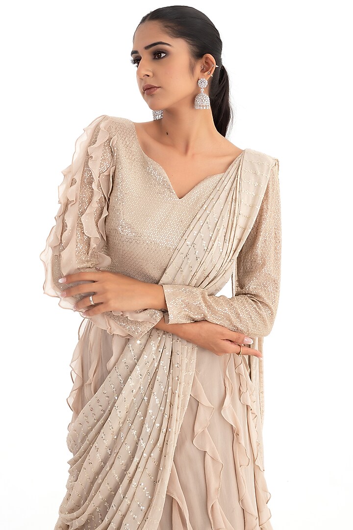 Beige Georgette Embroidered Draped Wedding Lehenga Set by El:sian Studeios at Pernia's Pop Up Shop