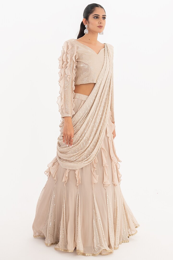 Beige Georgette Embroidered Draped Wedding Lehenga Set by El:sian Studeios at Pernia's Pop Up Shop