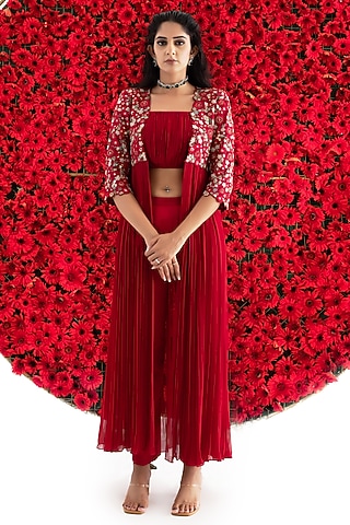 Deep Red Georgette Embroidered Cape Set by El:sian Studeios