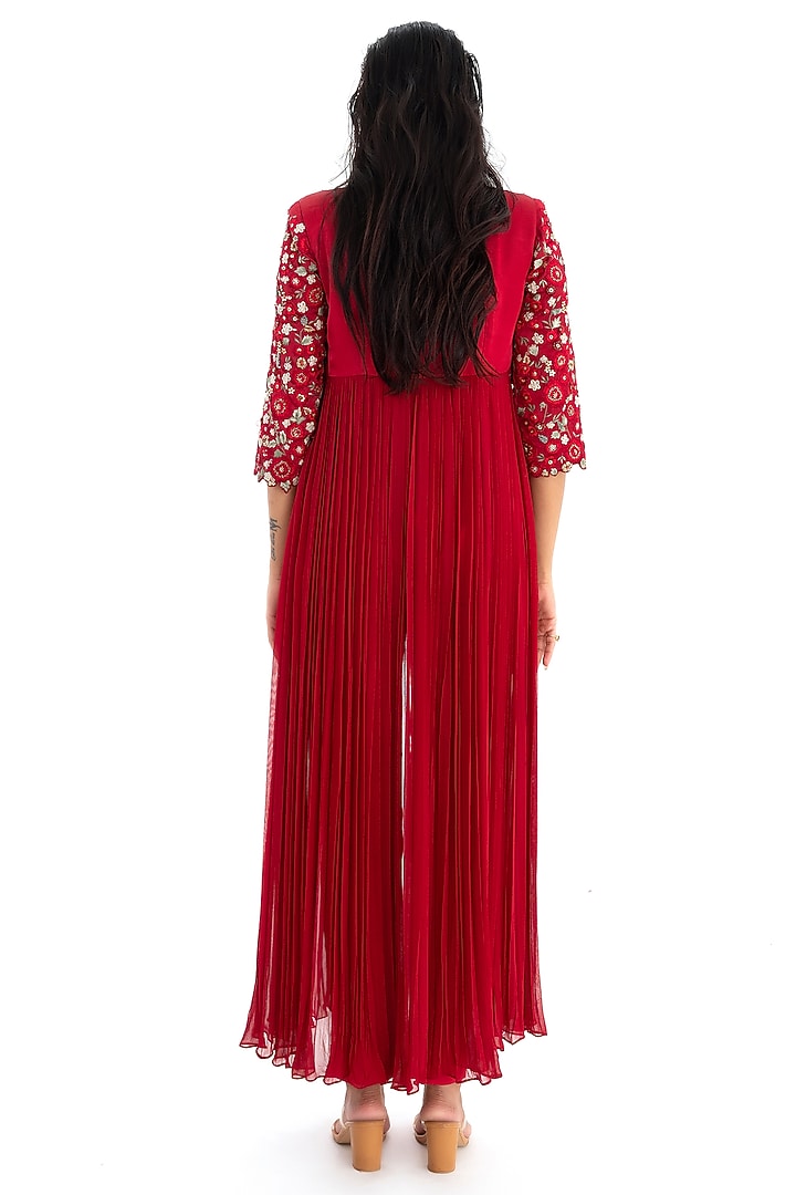 Deep Red Georgette Embroidered Cape Set by El:sian Studeios at Pernia's Pop Up Shop