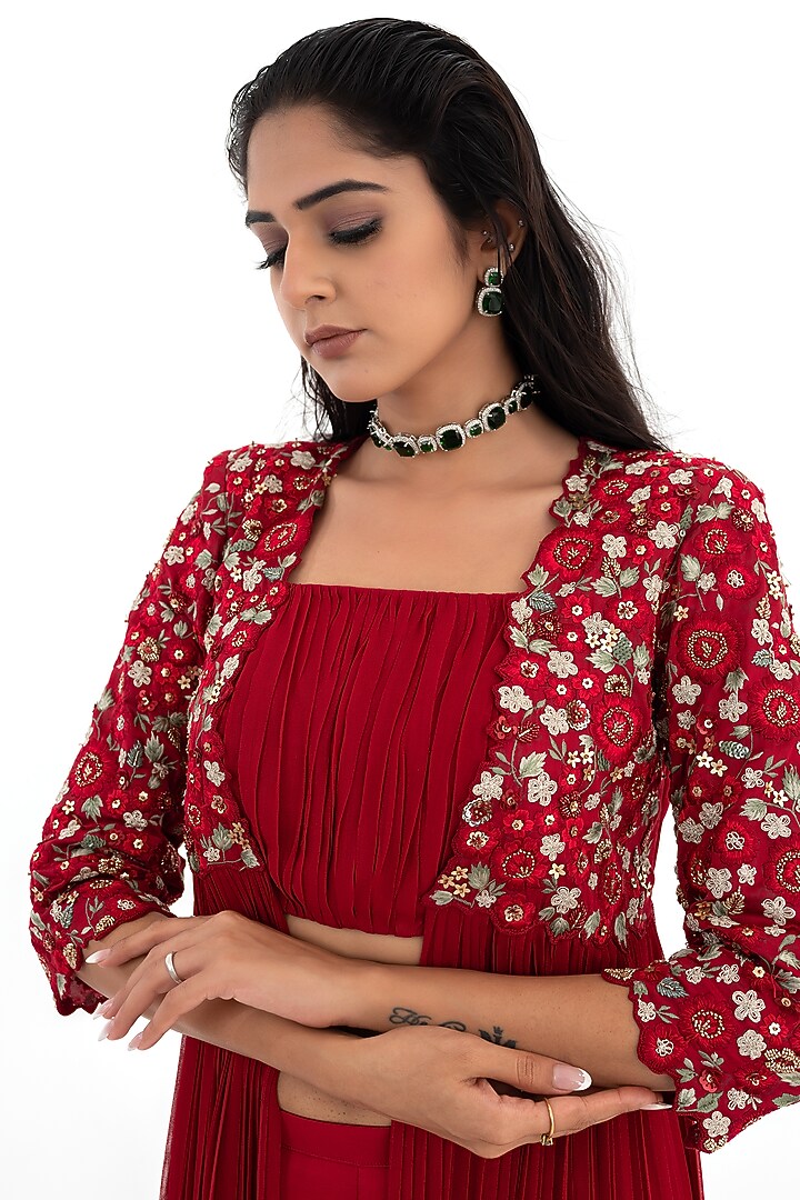 Deep Red Georgette Embroidered Cape Set by El:sian Studeios at Pernia's Pop Up Shop