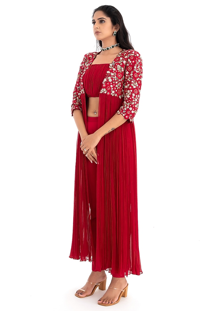 Deep Red Georgette Embroidered Cape Set by El:sian Studeios at Pernia's Pop Up Shop