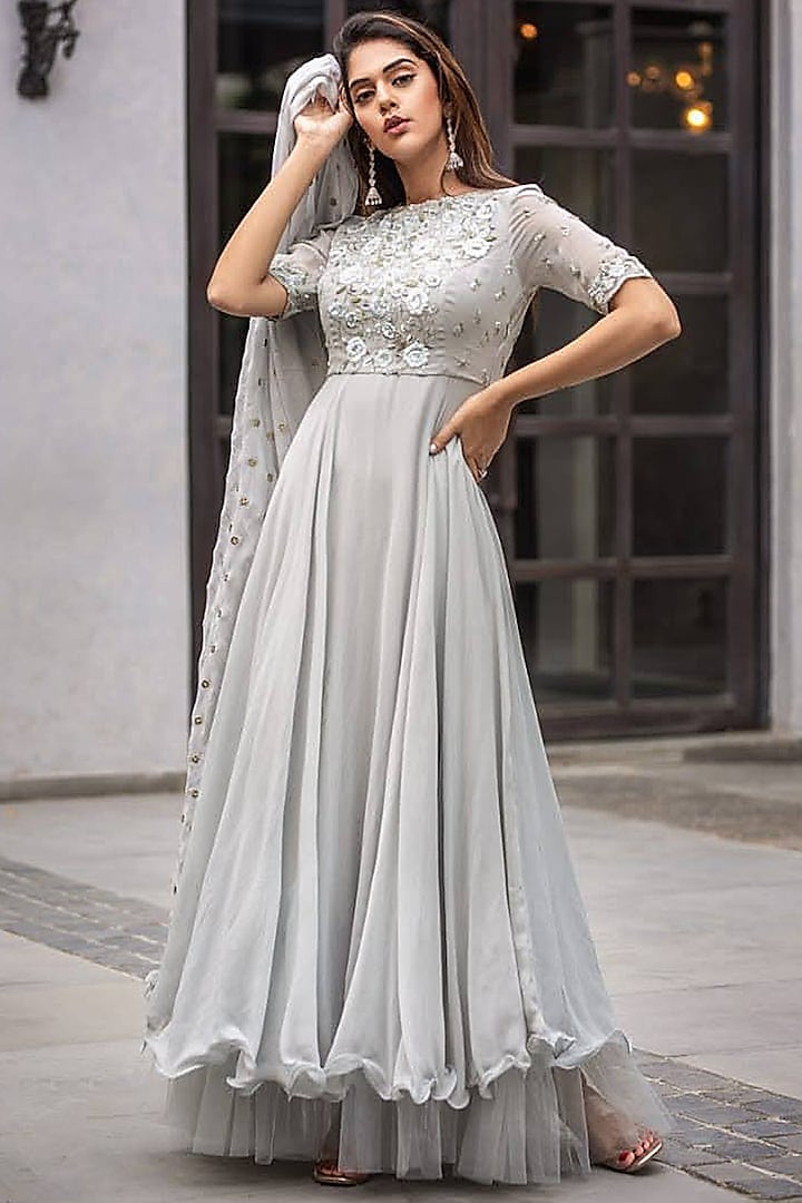 Grey Sequins Embroidered Flared Gown With Dupatta by El:sian Studeios