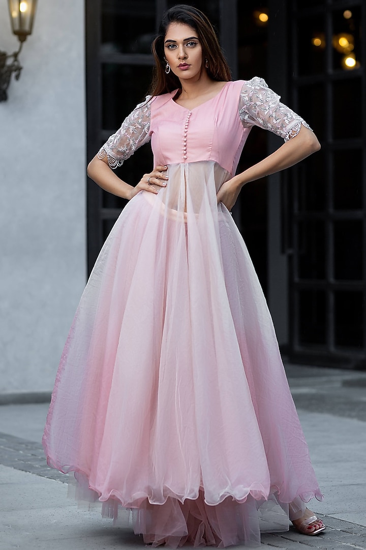 Pink Ombre Tulle Flared Skirt Set by El:sian Studeios
