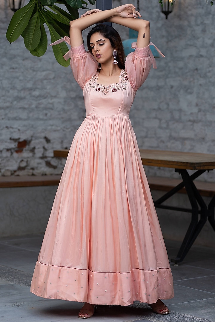 Peach Cutdana Embroidered Gown by El:sian Studeios