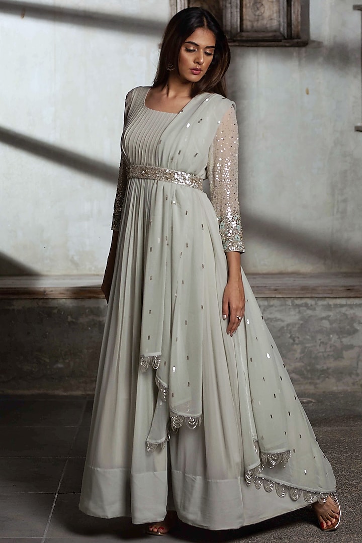 Warm Green Sequins Embroidered Gown With Dupatta by El:sian Studeios