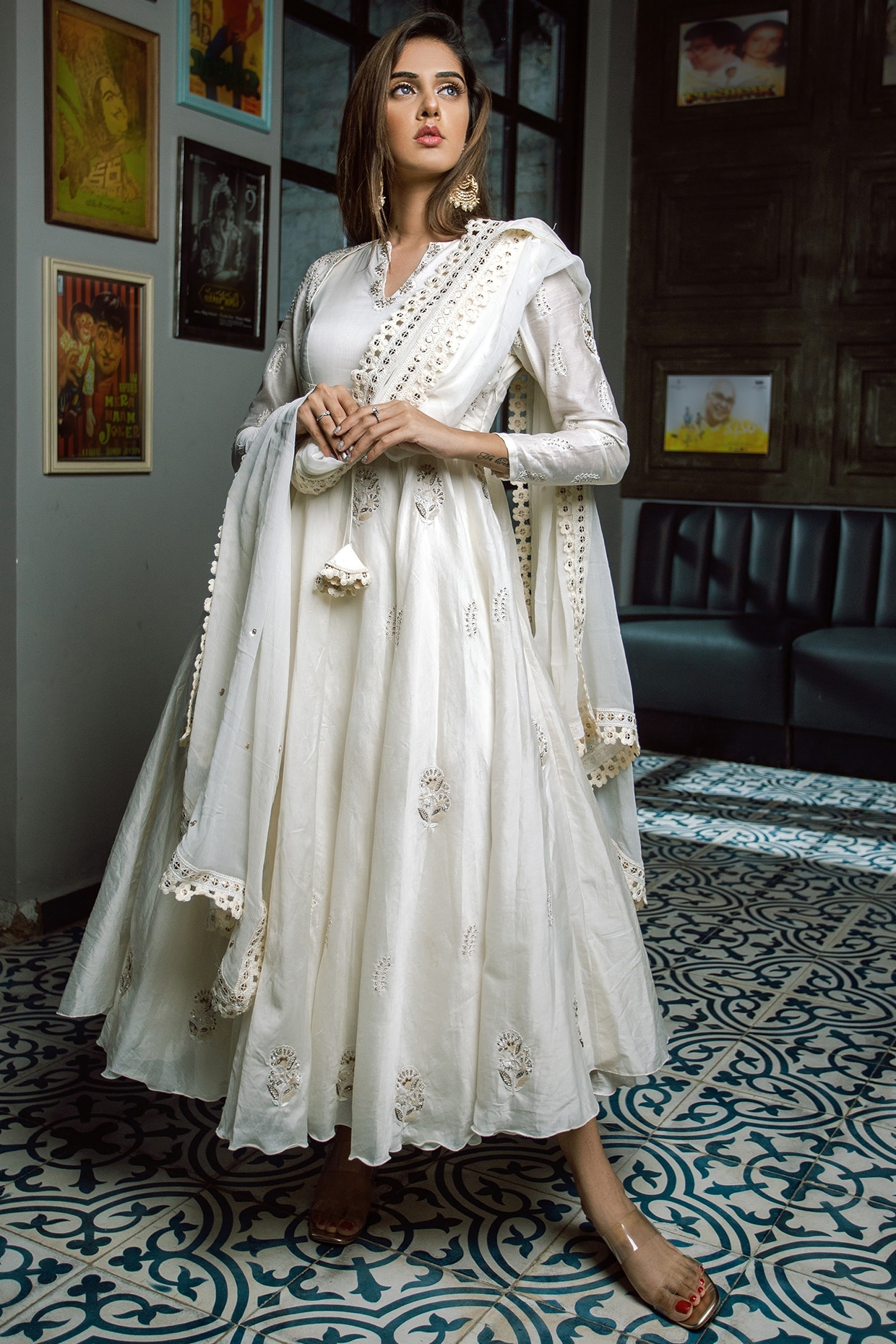 Off White Anarkali Suit Set In Silk 4999SL14