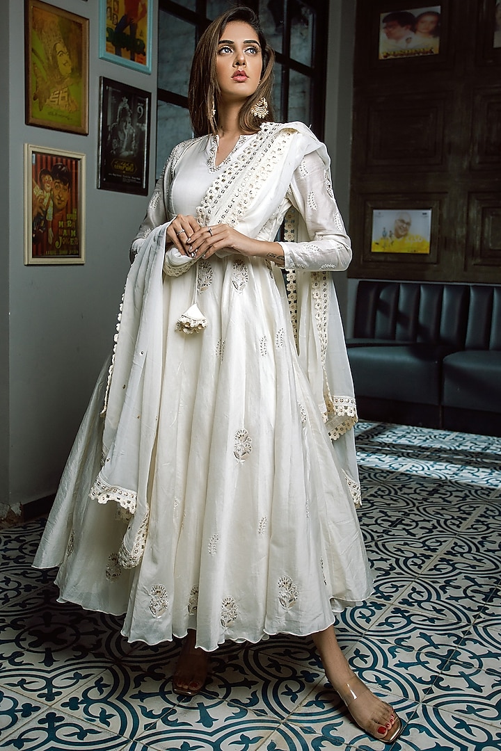 Off-White Sequins Embroidered Anarkali Set by El:sian Studeios