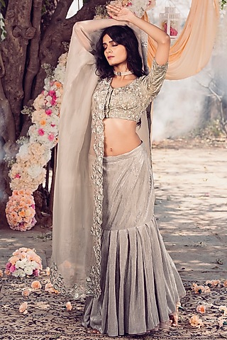 Sage Green Sequins Embroidered Pleated Lehenga Set by El:sian Studeios