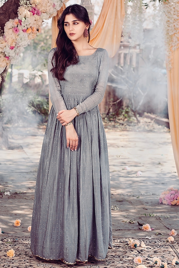 Warm Grey Mukaish Embroidered Gown by El:sian Studeios
