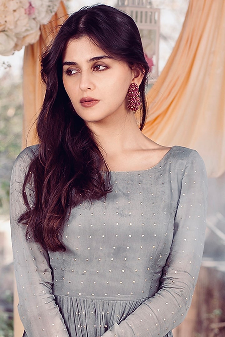 Warm Grey Mukaish Embroidered Party Wear Gown by El:sian Studeios at Pernia's Pop Up Shop