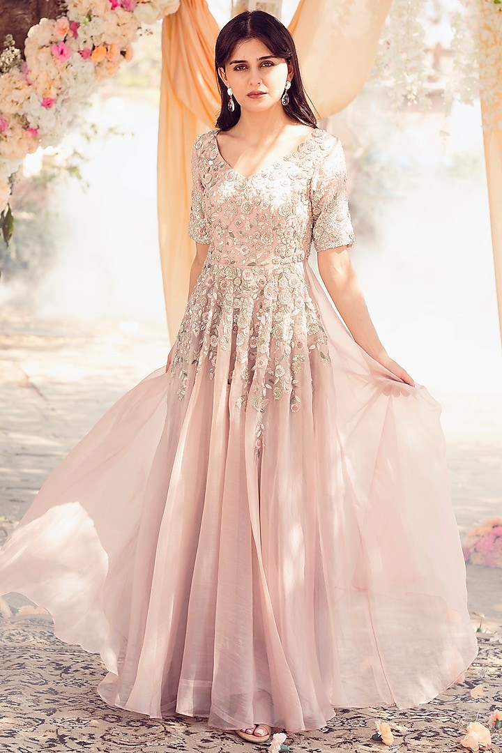 Blush Pink Sequins Embroidered Gown by El:sian Studeios