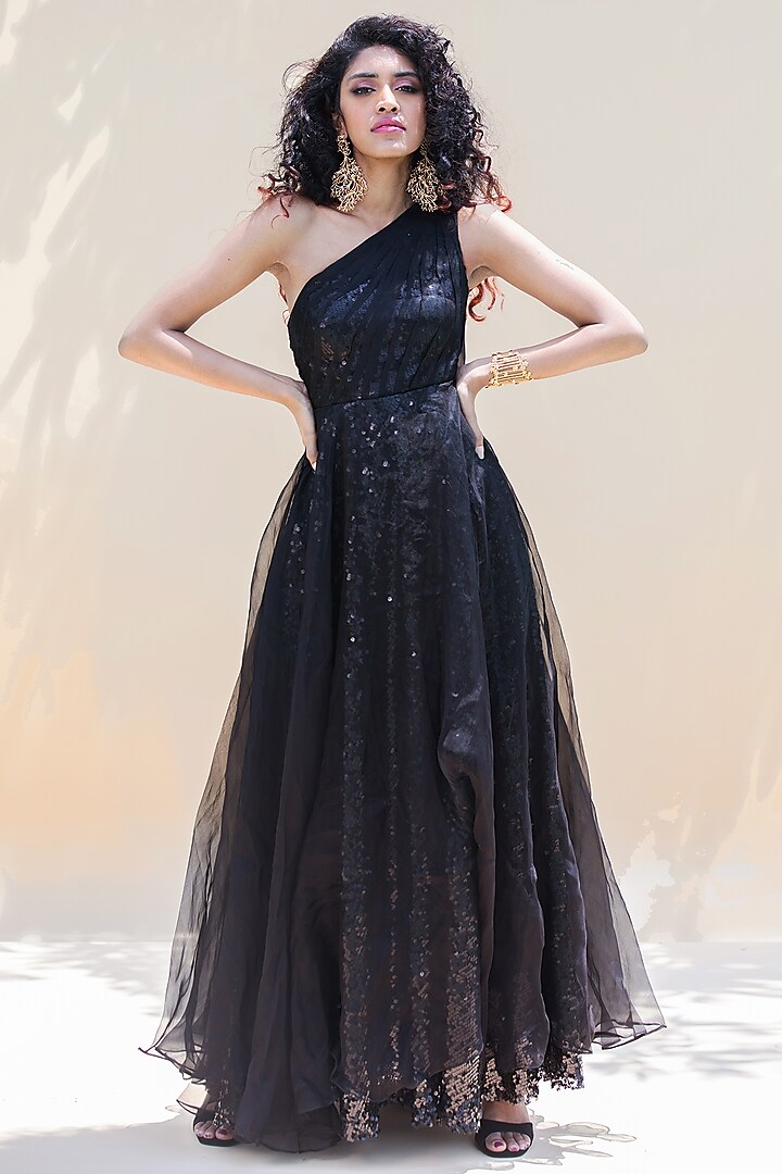 Black Sequins Embroidered Gown With Overlay by El:sian Studeios