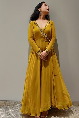 Mustard Yellow Zardosi Embroidered Overlap Angrakha Anarkali by El:sian Studeios