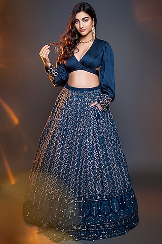 Teal Blue Embroidered Lehenga Set by El:sian Studeios