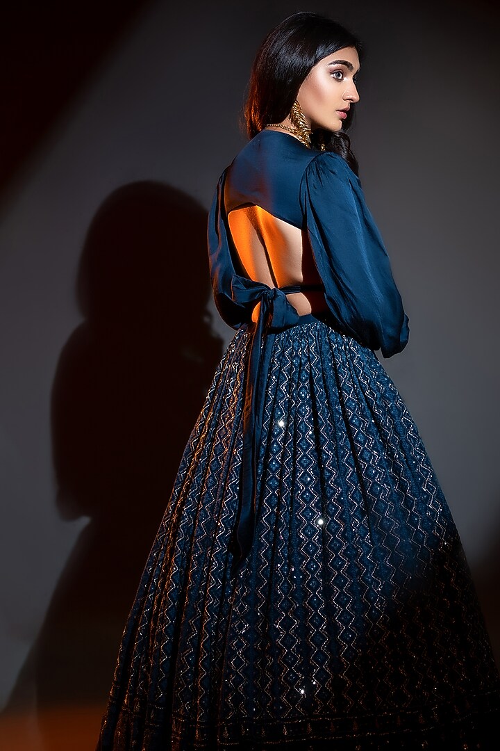 Teal Blue Embroidered Wedding Lehenga Set by El:sian Studeios at Pernia's Pop Up Shop