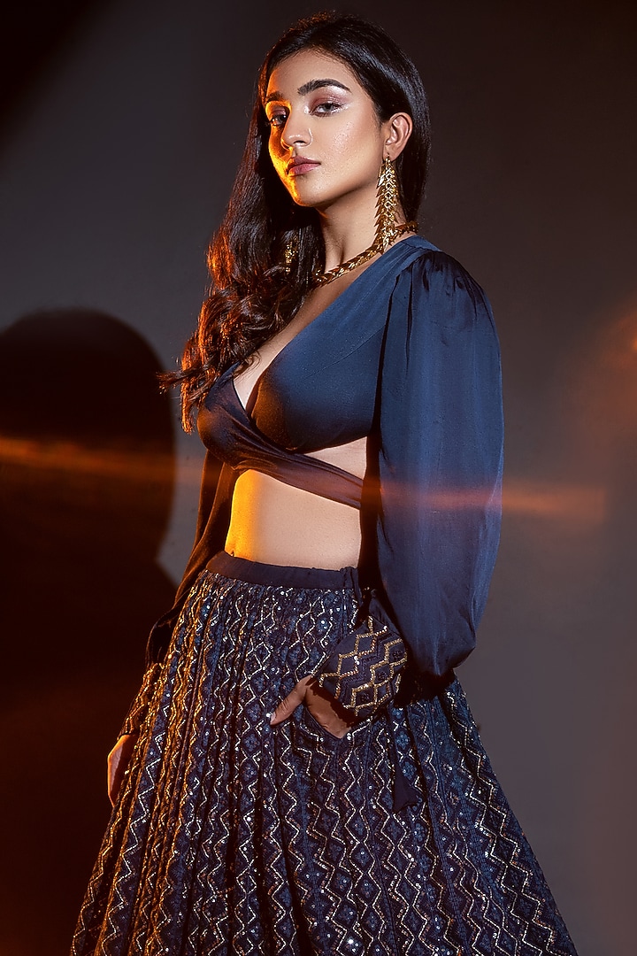 Teal Blue Embroidered Wedding Lehenga Set by El:sian Studeios at Pernia's Pop Up Shop
