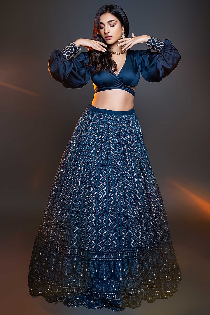 Teal Blue Embroidered Wedding Lehenga Set by El:sian Studeios at Pernia's Pop Up Shop