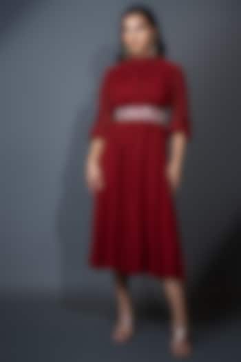 Deep Red Embroidered Gown With Belt by El:sian Studeios