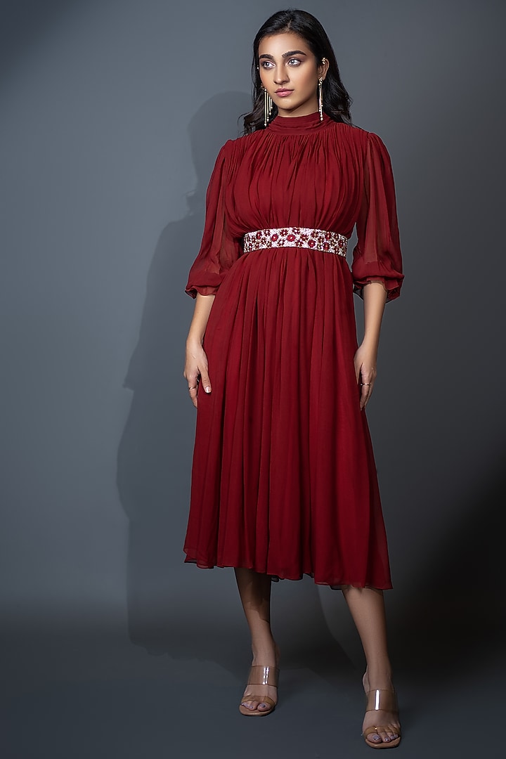 Deep Red Embroidered Gown With Belt by El:sian Studeios