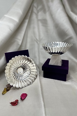 Silver Plated Brass Sunflower Bowl On Rose Quartz Base by EL'UNIQUE