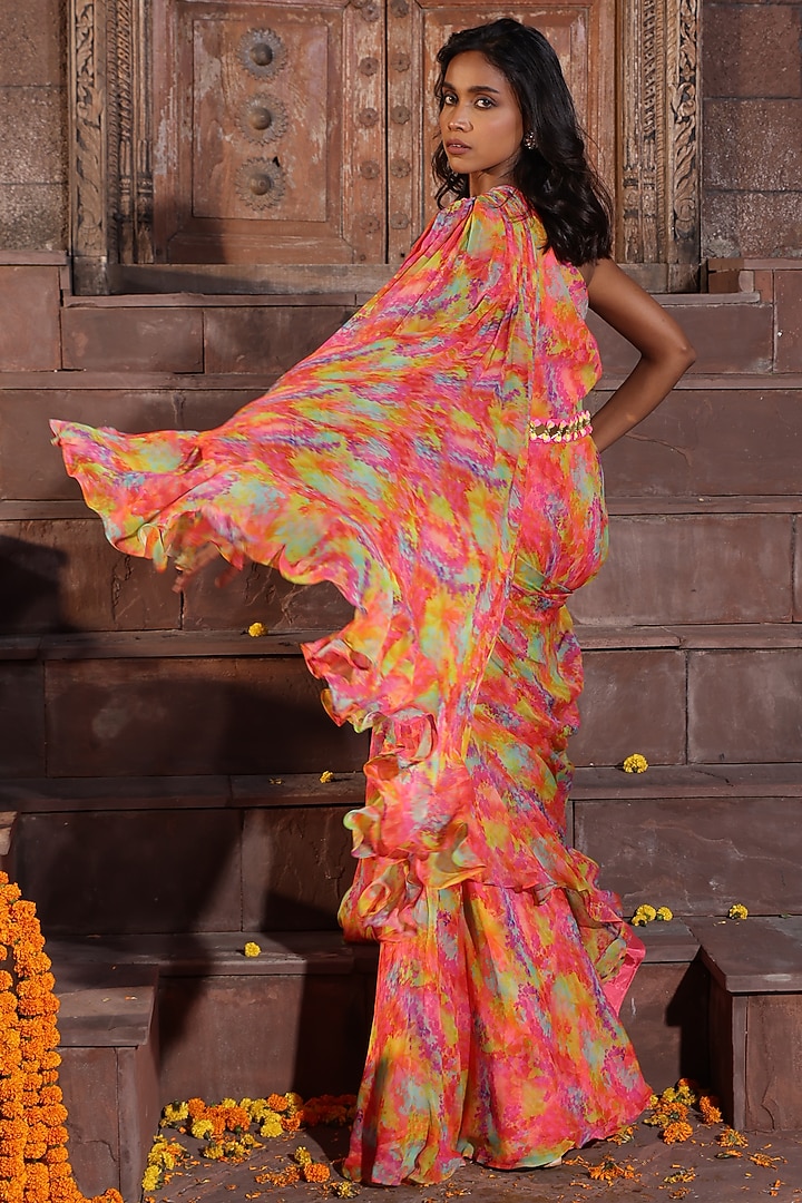 Multi Colored Georgette Printed Draped Wedding Saree With Belt by Elena Singh at Pernia's Pop Up Shop