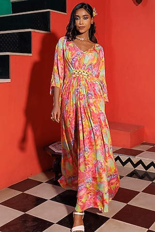 Multi Colored Printed Gathered Kaftan by Elena Singh
