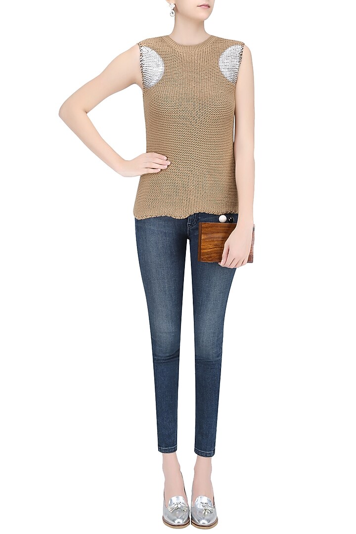 Beige foil detail knit tee available only at Pernia's Pop Up Shop.
