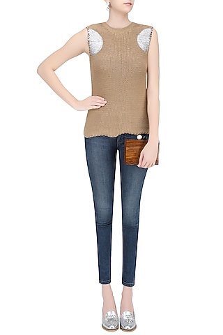 Beige Foil Detail Knit Tee by Kanelle