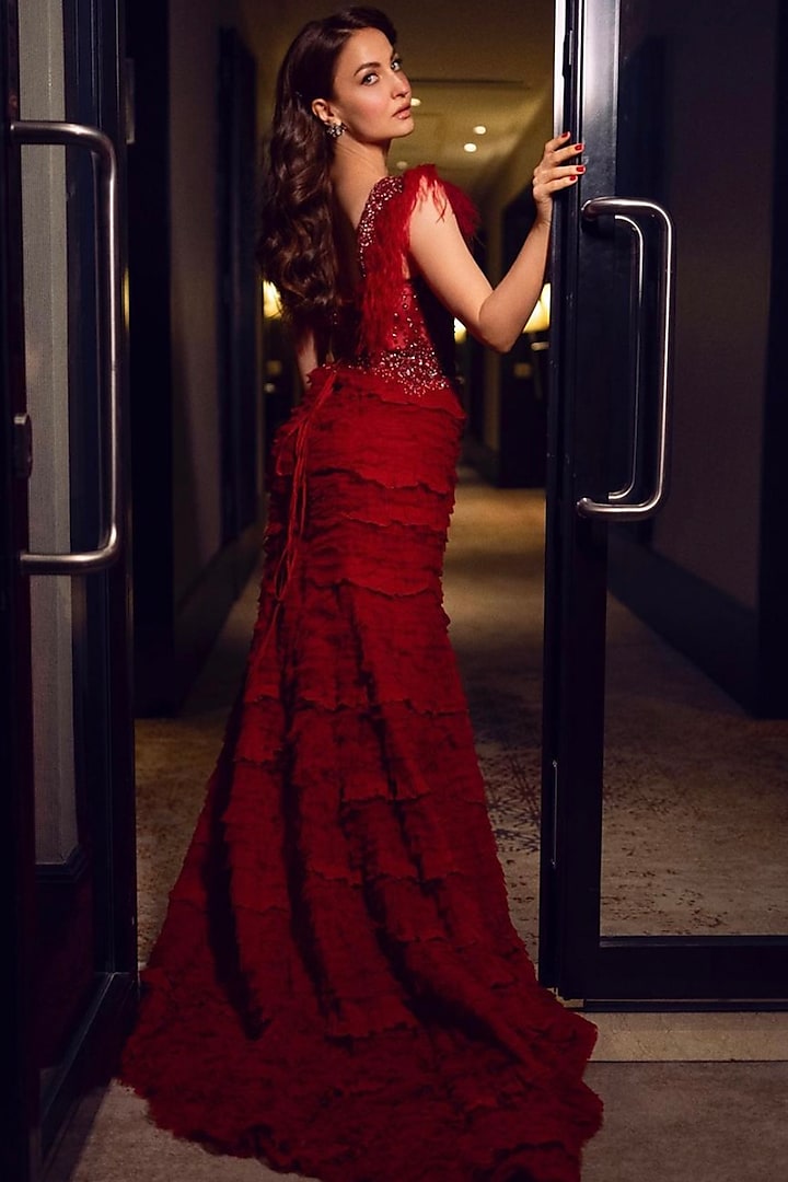 Deep Red Net Frill Corset Bridal Gown by Rocky Star at Pernia's Pop Up Shop