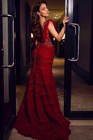 Deep Red Net Frill Corset Gown by Rocky Star