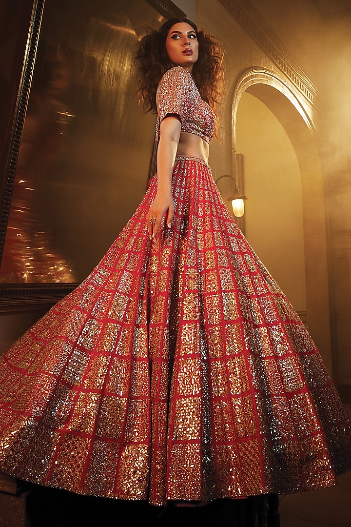 Red Lehenga Set With Embroidery by Seema Gujral