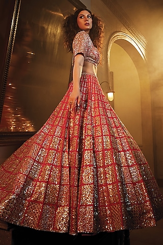 Red Raw Silk Sequins & Pearl Embroidered Lehenga Set by Seema Gujral