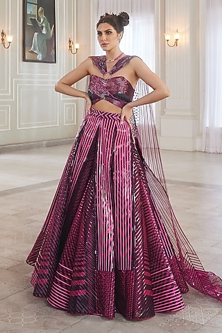 Plum Handwoven Tulle Lehenga Set by Amit Aggarwal