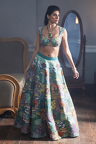 Mykonos Green Tissue Organza Printed & Embellished Lehenga Set by Aisha Rao