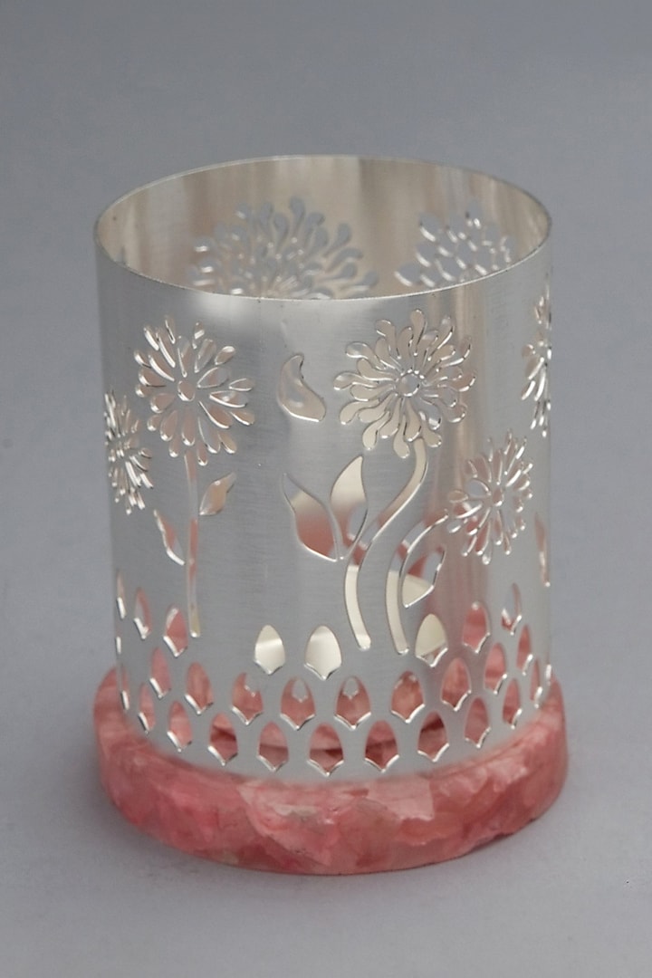 Silver Plated Brass & Rose Quartz Stone Tea-Light Holder by EL'UNIQUE