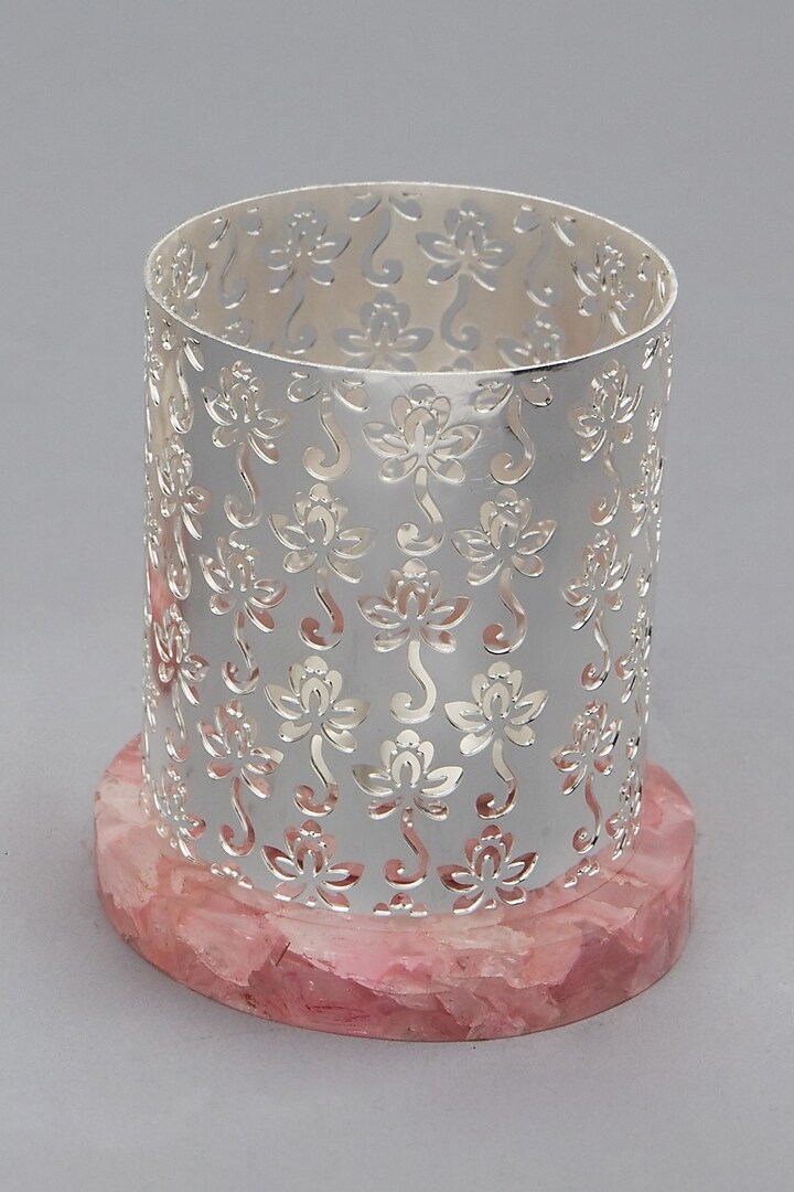 Silver Plated Brass & Rose Quartz Stone Tea-light Holder by EL'UNIQUE