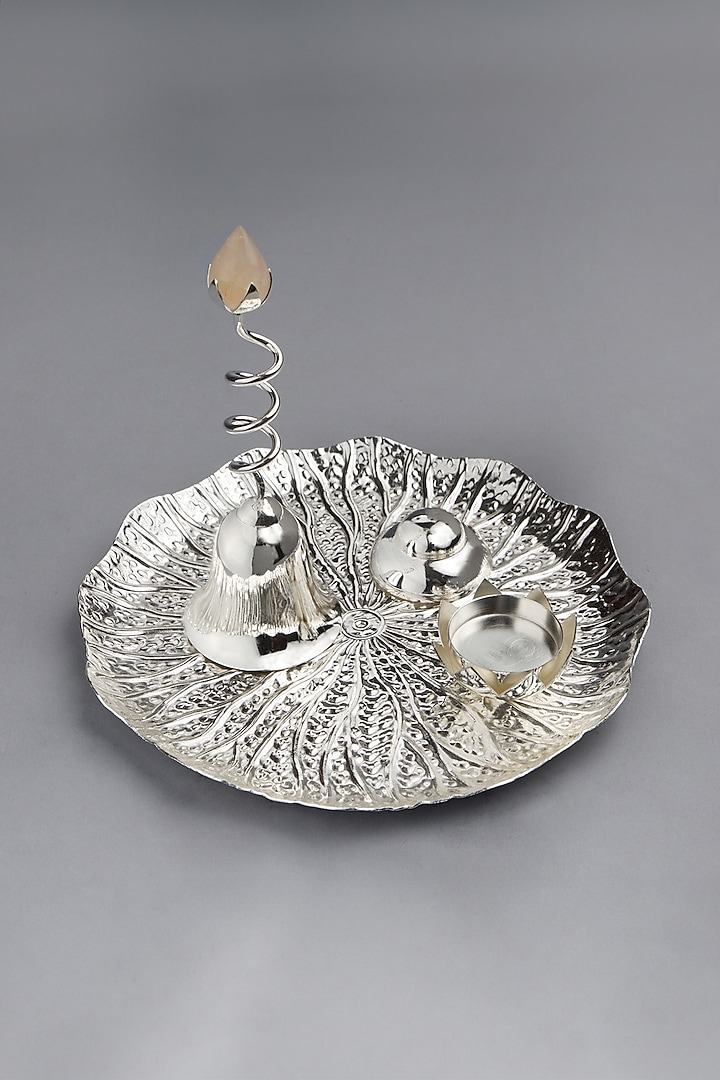 Silver Plated Pooja Lotus Leaf Thali by EL'UNIQUE