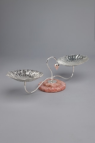 Silver Plated Brass & Rose Quartz Stone Dual-Nut Bowl by EL'UNIQUE