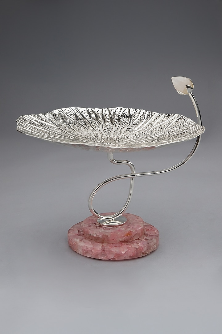 Silver Plated Brass & Rose Quartz Stone Lotus Leaf Platter by EL'UNIQUE
