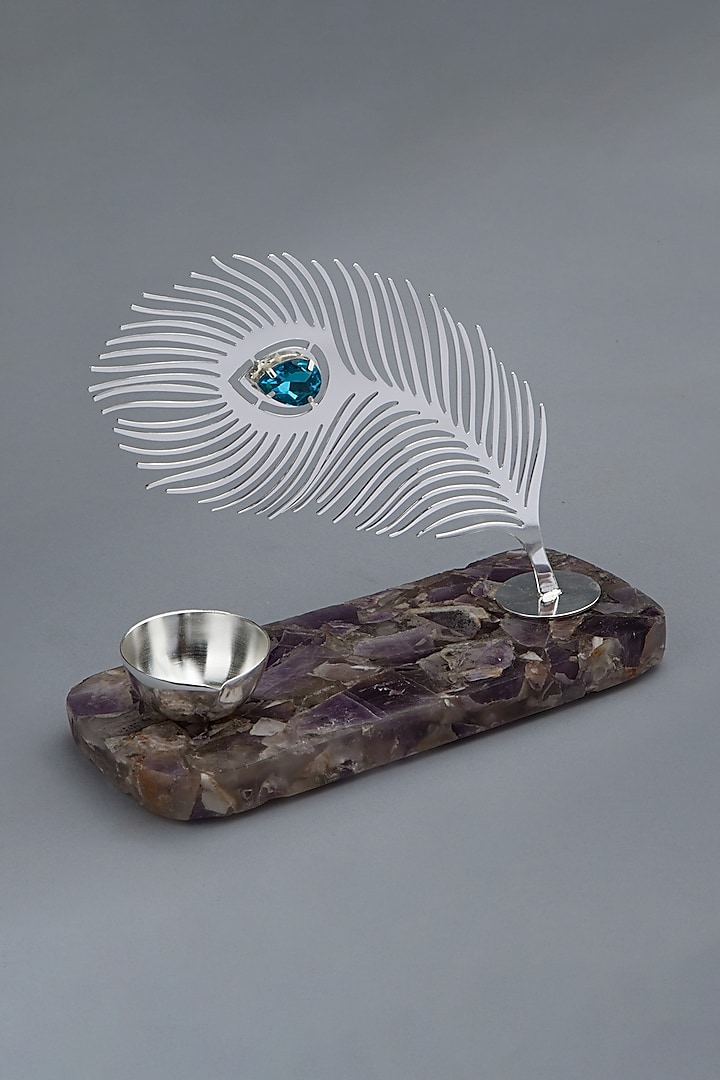 Silver Plated Brass & Amethyst Mor Pankh Tea-Light Holder by EL'UNIQUE at Pernia's Pop Up Shop