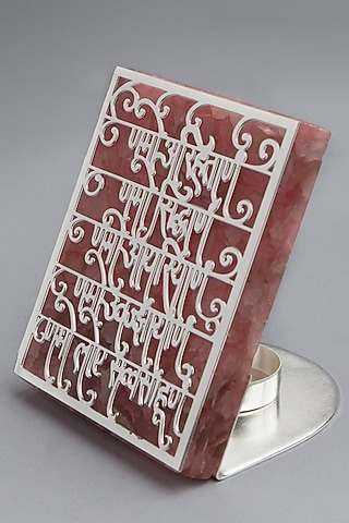Silver Brass & Rose Quartz Namokar Mantra Tea-Light Holder by EL'UNIQUE