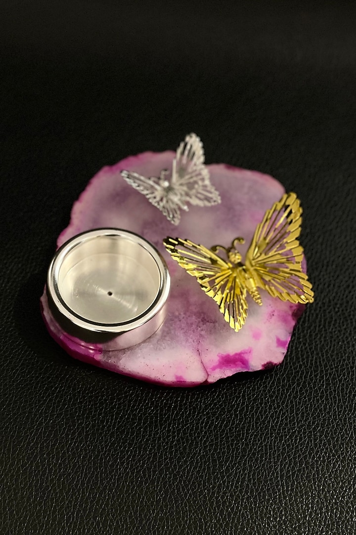 Pink & Silver Agate Stone Butterfly Tea-Light Holder by EL'UNIQUE