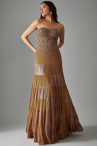 Brown Georgette Embroidered Tiered Lehenga Set by Empress by Arefa