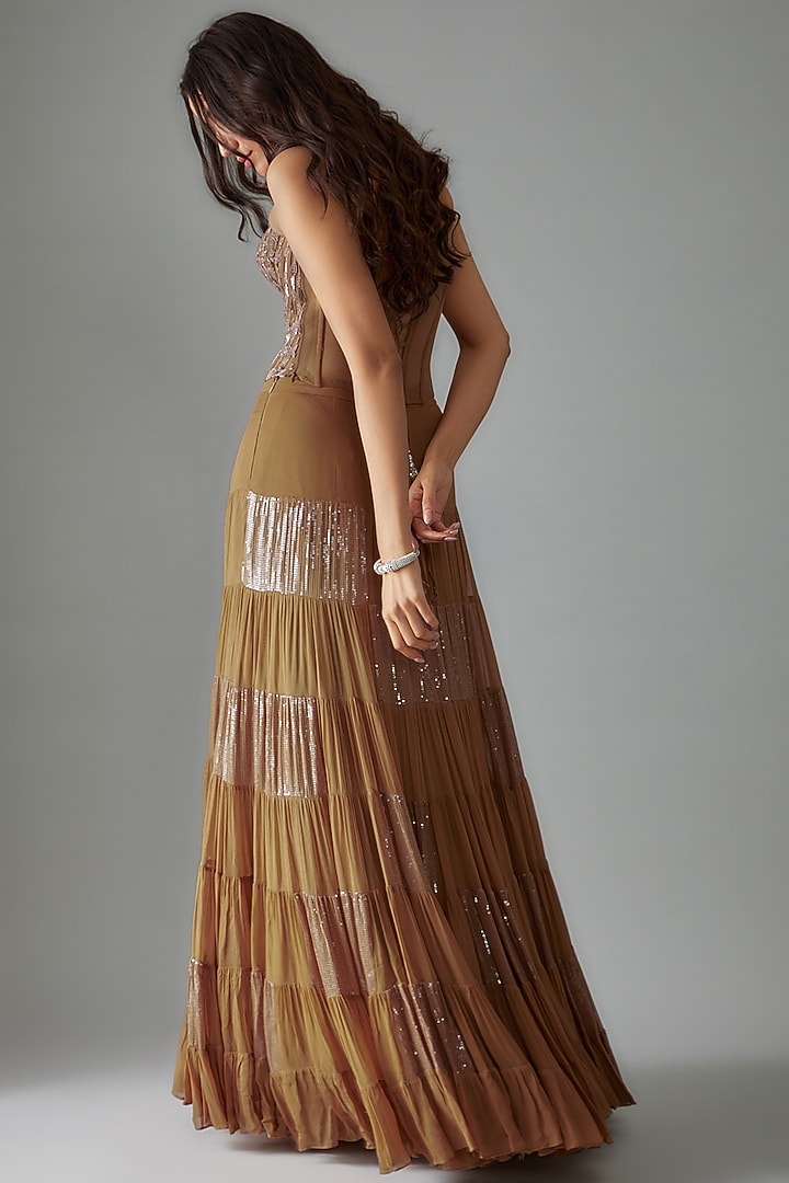 Brown Georgette Embroidered Tiered Wedding Lehenga Set by Empress by Arefa at Pernia's Pop Up Shop