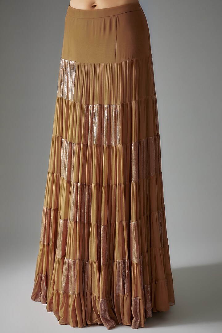 Brown Georgette Embroidered Tiered Wedding Lehenga Set by Empress by Arefa at Pernia's Pop Up Shop
