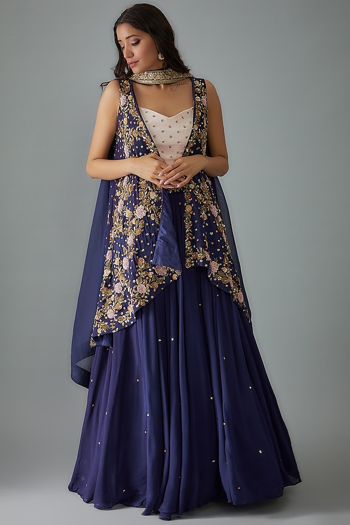 Blue Chinon Embroidered Jacket Wedding Lehenga Set by Empress by Arefa at Pernia's Pop Up Shop