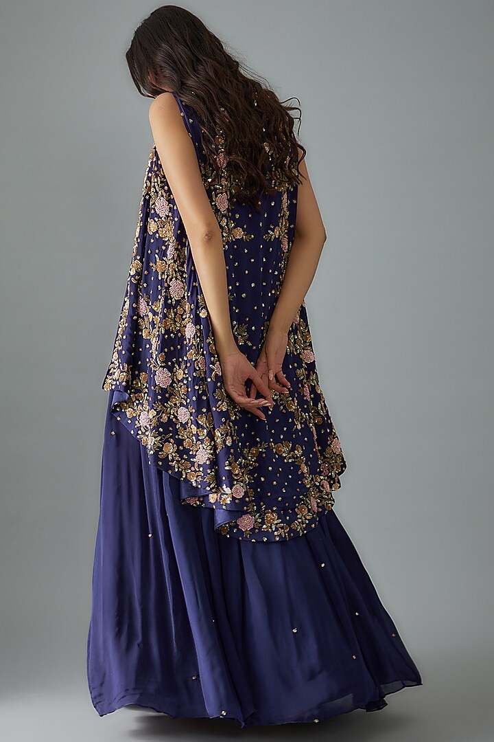 Blue Chinon Embroidered Jacket Wedding Lehenga Set by Empress by Arefa at Pernia's Pop Up Shop