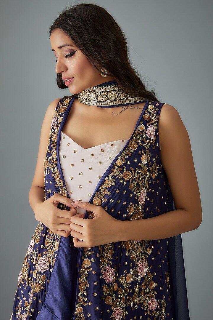 Blue Chinon Embroidered Jacket Wedding Lehenga Set by Empress by Arefa at Pernia's Pop Up Shop