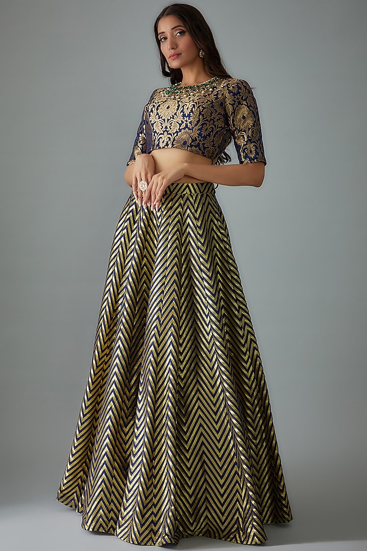 Blue Brocade Embroidered Lehenga Set by Empress by Arefa